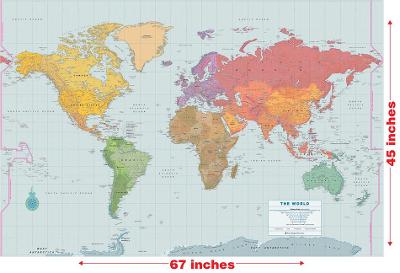 Laminated World Wall Map (67'' W X 45'' H)